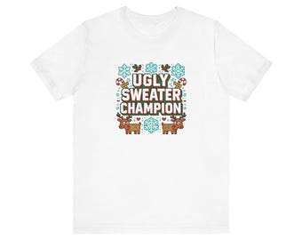 Ugly Sweater Champion T-Shirt | Holiday Reindeer Snowflake Design