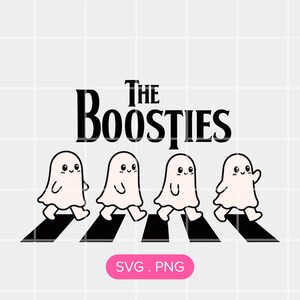 May include: A graphic design featuring the black text THE BOOSTIES above four pale pink cartoon ghosts walking in a line across black rectangular stripes. The ghosts have simple black eyes and smiling mouths. Below the stripes is a pink button with SVG . PNG.