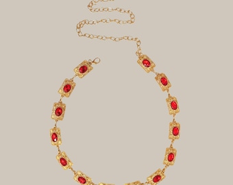 Gold Filigree Chain Belt | Red Crystal Body Chain | 40 Inch Statement Waist Belt | Surgical Steel | Red Crystal Waist Belt