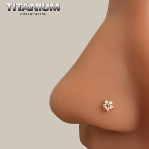 Titanblommig näsa med stift | Implantatkvalitet CZ-prästkragenäsa med implantat | 20G guld näspiercing | Hypoallergen | Minikristallblommig näsa med stift