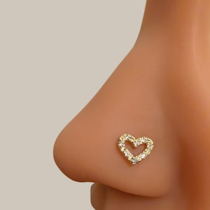CZ Heart Nose Stud | Open Heart Nose Ring | Dainty Heart Nose Piercing | 20G Surgical Steel L Shape Corkscrew | Diamond Heart Nose Stud