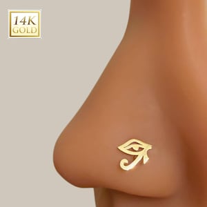 Złoty kolczyk do nosa z okiem Horusa 14K | Starożytny symbol ochrony | Kolczyk do nosa, hipoalergiczny, nie matowiejący | 20G Kształt LS / Kula / Prosty / Korkociąg
