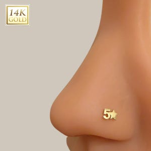 14K Gold Five Star Nose Stud | Star Design, Nose Ring, Hypoallergenic Non Tarnish, Dainty Feminine Style 20G L Shape / Corkscrew