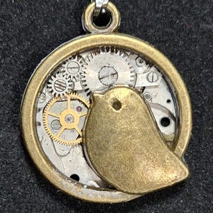 May include: A steampunk-style pendant necklace featuring a brass bird charm set against a backdrop of watch gears. The pendant is round, with a gold-toned frame and a silver chain.