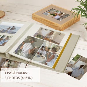 May include: A wooden photo box and a photo album with multiple photos. The album is open, displaying several 4x6 inch photos. The text on the image reads: 1 PAGE HOLDS: 3 PHOTOS (4x6 IN).
