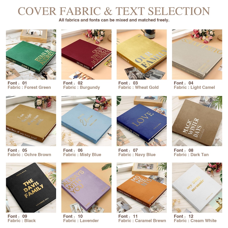 May include: A selection of personalized journals with various cover colors and fonts. The image displays journals in forest green, burgundy, wheat gold, light camel, ochre brown, misty blue, navy blue, dark tan, black, lavender, caramel brew, and cream white.