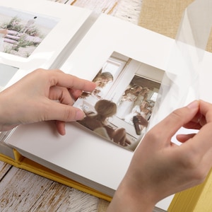 May include: A yellow photo album with white pages. A person is placing a photograph into the album. The photo shows a group of people in white dresses. The album is open, with a clear plastic sheet protecting the photo.