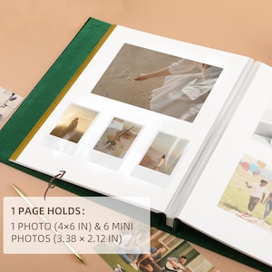May include: Open photo album with a green cover and gold trim. The album is open to a page with a large photo and several smaller photos. The text on the image says "1 PAGE HOLDS: 1 PHOTO (4x6 IN) & 6 MINI PHOTOS (3.38 x 2.12 IN)".