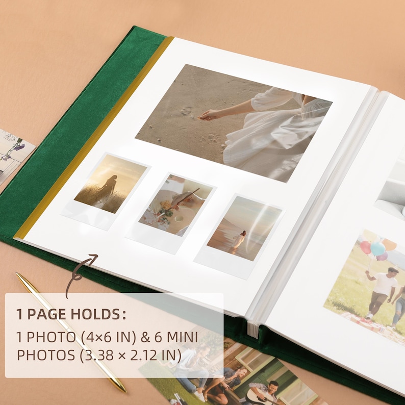 May include: Open photo album with a green cover and gold trim. The album is open to a page with a large photo and several smaller photos. The text on the image says "1 PAGE HOLDS: 1 PHOTO (4x6 IN) & 6 MINI PHOTOS (3.38 x 2.12 IN)".