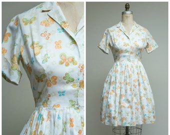 Vintage 1950s Dress • Butterflies • Blue Orange Printed Cotton 50s Shirtwaist Dress Size Medium