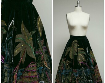 Vintage 50s Skirt • Shoreline View • Black Velvet Full Sweep Painted Mexican 50s Circle Skirt Size Small