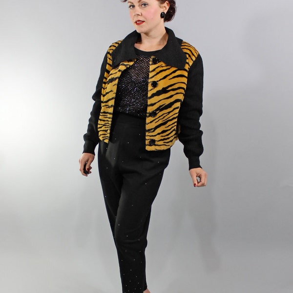 1950s Vintage Jacket...Winter Fashion Short Rockabilly Jacket Coat in Faux Tiger Print and Black Wool Size Medium