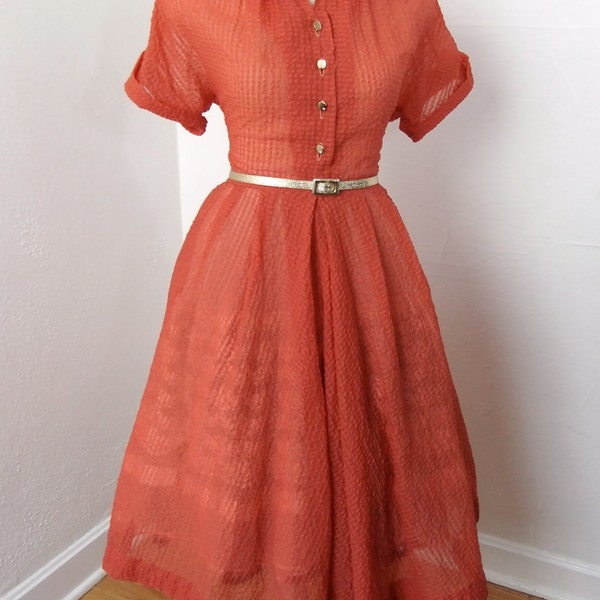 Vintage 50s AWAY OUT THERE Coral Waffled Nylon Rockabilly Shirt Dress with a Side Pocket Size Large