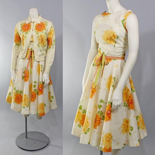 1950s Vintage Dress...Garden Party Yellow Floral Print Summer Dress Full Circle Skirt Matching Sweater Size S