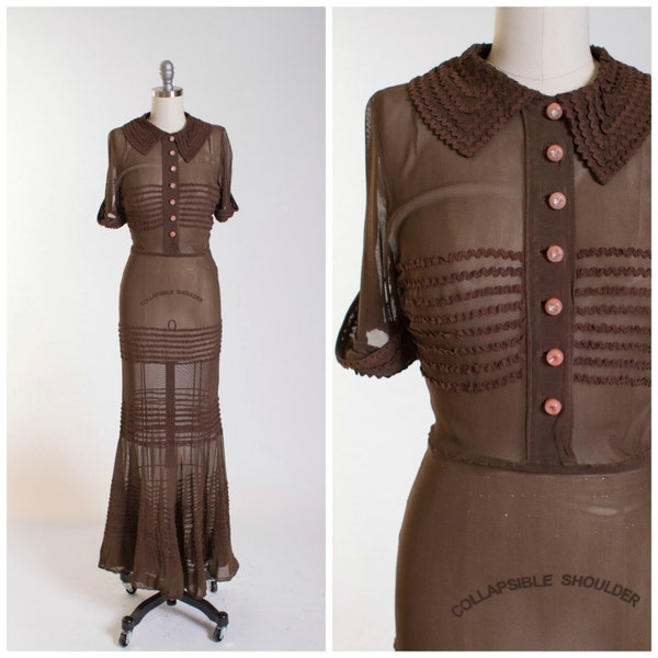 1930s Vintage Dress Brown Rayon Sheer Mesh Fitted Vintage 30s Gown with Mermaid Hem Size Small