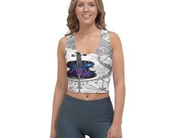 Gothic Crop Top Women | Celestial Violin All Over Print | Dark Academia Shirt | Alt Streetwear Gift