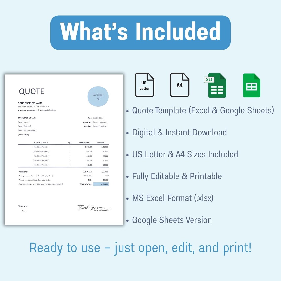 Quote Template | Editable & Printable | Excel and Google Sheets ...