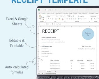 Receipt Template | Editable & Printable | Excel and Google Sheets | Business Payment and Sales Record