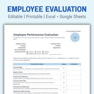 Employee Performance Evaluation Template | Editable Excel & Google Sheets File | HR Review and Staff Assessment
