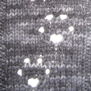 May include: Close-up of a dark grey knitted fabric with a repeating pattern of holes. The fabric has a textured, slightly fuzzy appearance.