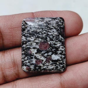 May include: A rectangular gemstone with a polished surface. The stone features a mix of black, white, and grey patterns, with several small, round, reddish-purple inclusions. The stone is held in a person's hand.