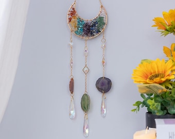 Crystal moon suncatcher window hanging with rainbow gemstone accents for home decor