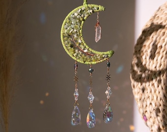 Green Crescent Moon Crystal Suncatcher Hanging Window Decor Boho Moon Light Catcher Handmade Home Accent