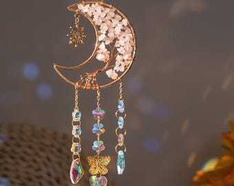 Rose Quartz Crescent Moon Crystal Suncatcher Hanging Window Decor Boho Moon Light Catcher Handmade Home Accent