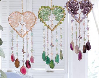Heart crystal suncatcher with gemstone tree of life hanging decor for window rainbow healing crystals boho home decoration agate sun catcher