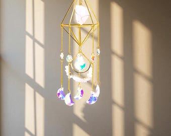 Crystal suncatcher geometric window hanging with gemstone prism details for home decor