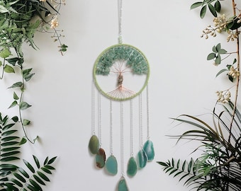 Green Tree of Life Crystal Suncatcher with Natural Gemstones Handmade Boho Window Light Catcher for Home Decor and Healing Energy