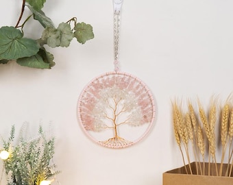 Rose Quartz Tree of Life Crystal Suncatcher Handmade Wall Hanging Soft Pink Boho Window Decor Home Accent