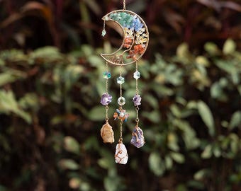 Crystal Moon Suncatcher with Natural Gemstones and Hanging Charms Handmade Boho Window Light Catcher for Home Decor and Positive Energy