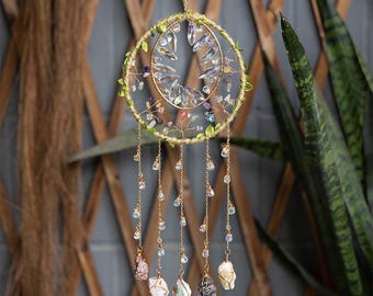 Crystal Moon Suncatcher with Natural Gemstones and Hanging Charms Handmade Boho Window Light Catcher for Home Decor and Healing Energy