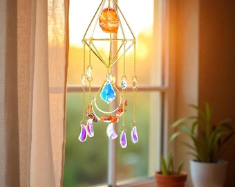 Crystal suncatcher geometric window hanging with gemstone prism accents for home decor
