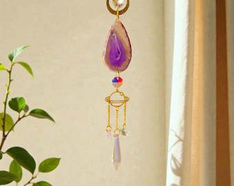 Light purple gemstone crystal suncatcher for window hanging celestial planet charm rainbow decor