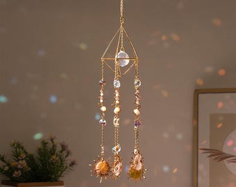 Crystal suncatcher geometric window hanging with sun gemstone prism accents for home decor