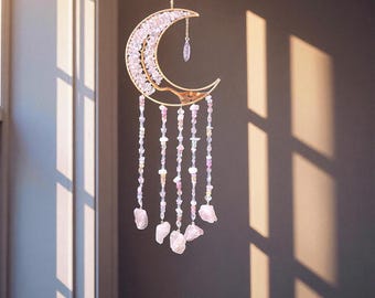 Handmade Amethyst Crystal Moon Suncatcher Natural Raw Gemstone Window Hanging Aurora Decoration