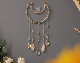 Handmade crystal moon suncatcher with natural gemstones for window decor and boho home rainbow light catcher