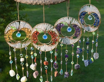 Crystal Moon Suncatcher with Natural Gemstones Handmade Boho Window Light Catcher Rainbow Maker for Home Decor and Positive Energy