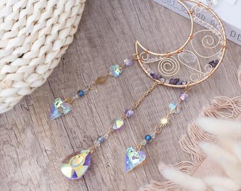 Crystal moon suncatcher window hanging with prism gemstone accents for home decor