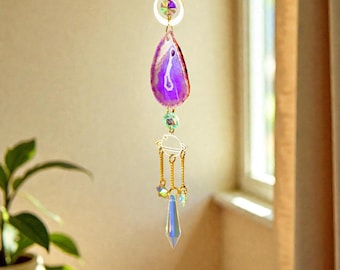 Purple agate crystal suncatcher for window hanging boho planet charm rainbow light decor