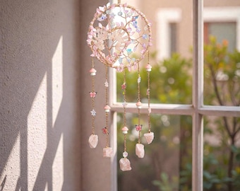 Pink Heart Tree Crystal Suncatcher with Natural Stones and Hanging Charms Window Light Catcher Boho Heart Decor
