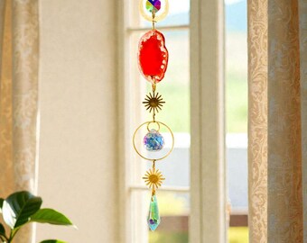 Red agate crystal suncatcher for window hanging celestial sun charm rainbow home accent