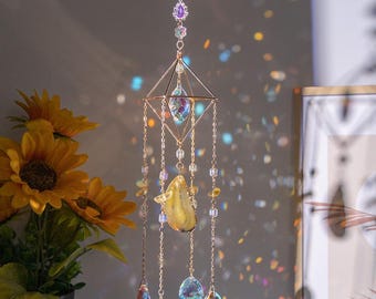 Crystal suncatcher geometric window hanging with yellow agate and prism accents