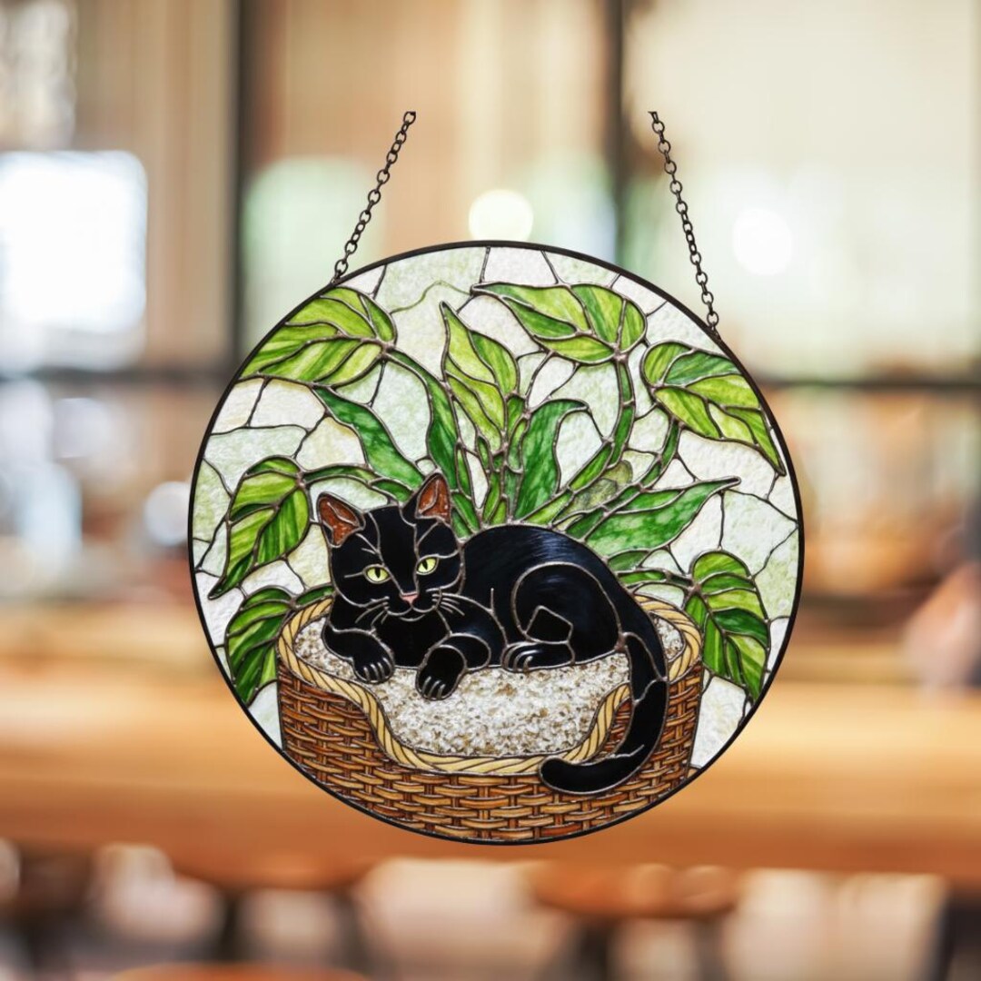 Black Cat Stained Glass Window Suncatcher | Relaxed Lying Cat, Cat ...