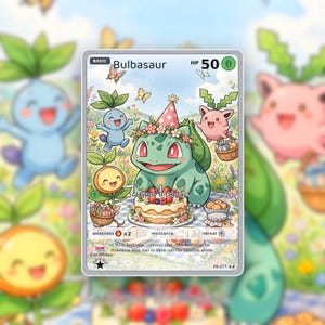 May include: A rectangular trading card featuring a green Bulbasaur wearing a floral crown and a pink polka-dot party hat. The card displays a birthday cake, a blue checkered tablecloth, and various small creatures in a field with the text Happy Birthday.