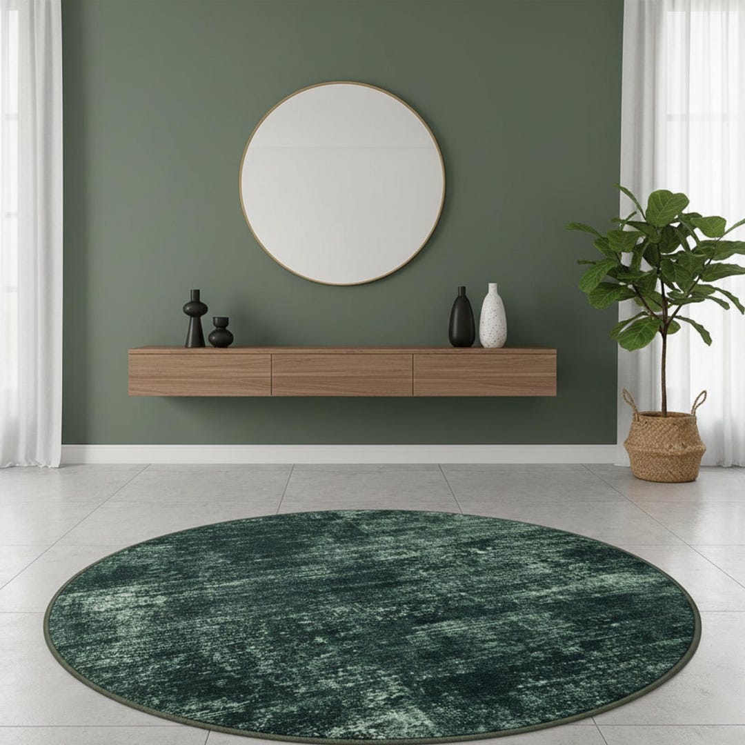 Dark Green Abstract Round Rug 6ft – Soft Washable Circle Rug - Etsy