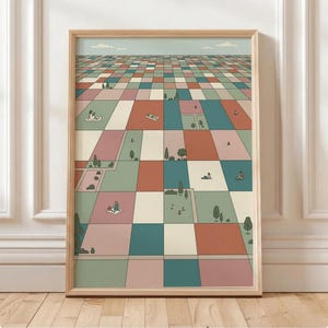 May include: A framed art print featuring a colorful, geometric landscape. The artwork depicts a patchwork of squares in various colors, including pink, green, and blue, with small figures and trees scattered throughout. The print is in a light wood frame.
