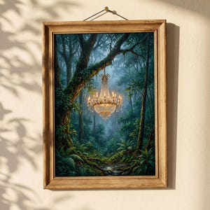 Whimsical Forest Chandelier Wall Art, Green Nature Fantasy Painting, Maximalist Ethereal Woods Print, Magical Rainforest Home Decor
